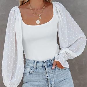 Women's White Polka Dot Puff Long Sleeve Bodysuit Top